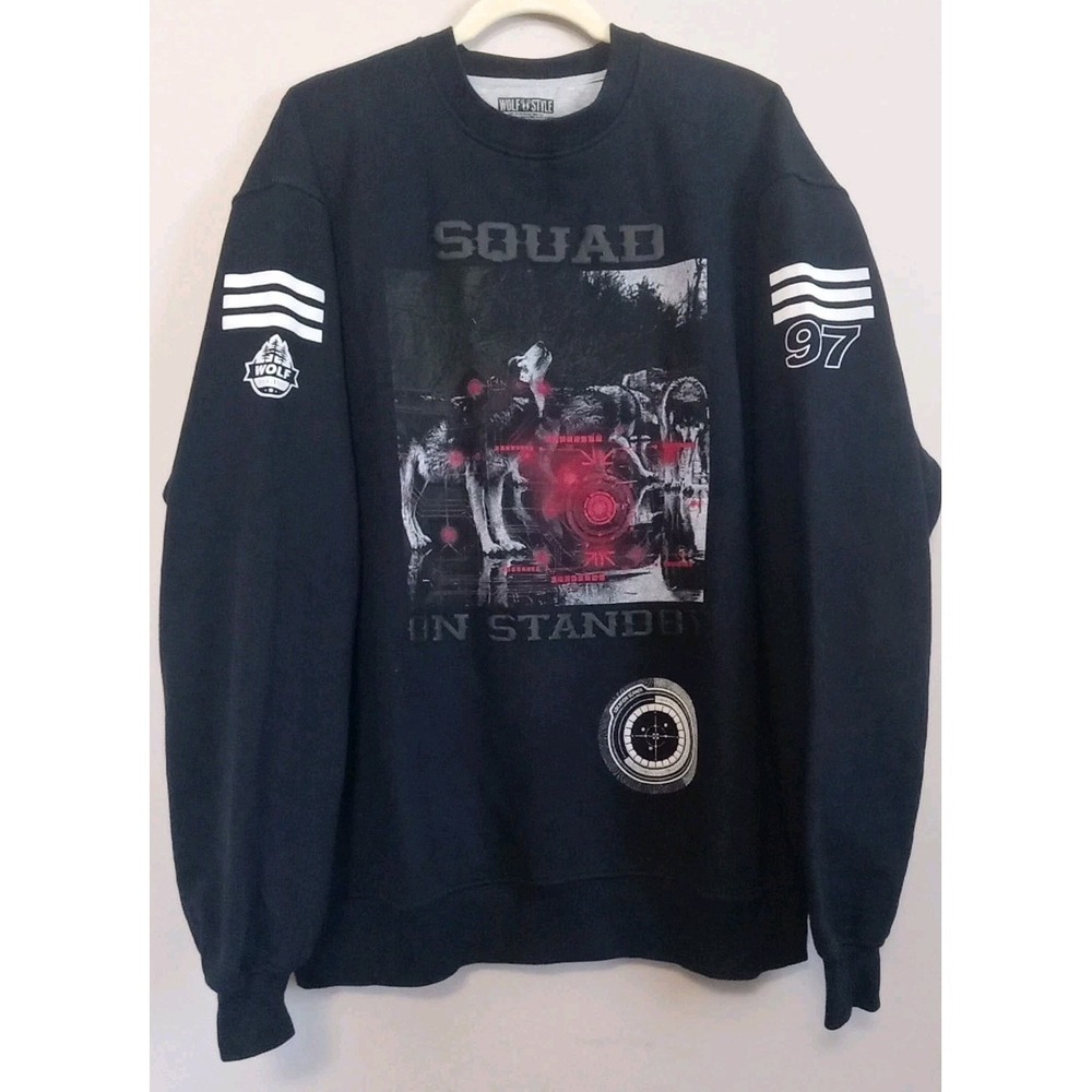 Wolfstyle Men Black Squad On Standby Print Vinyl Longsleeve Sweatshirt Size 2XL